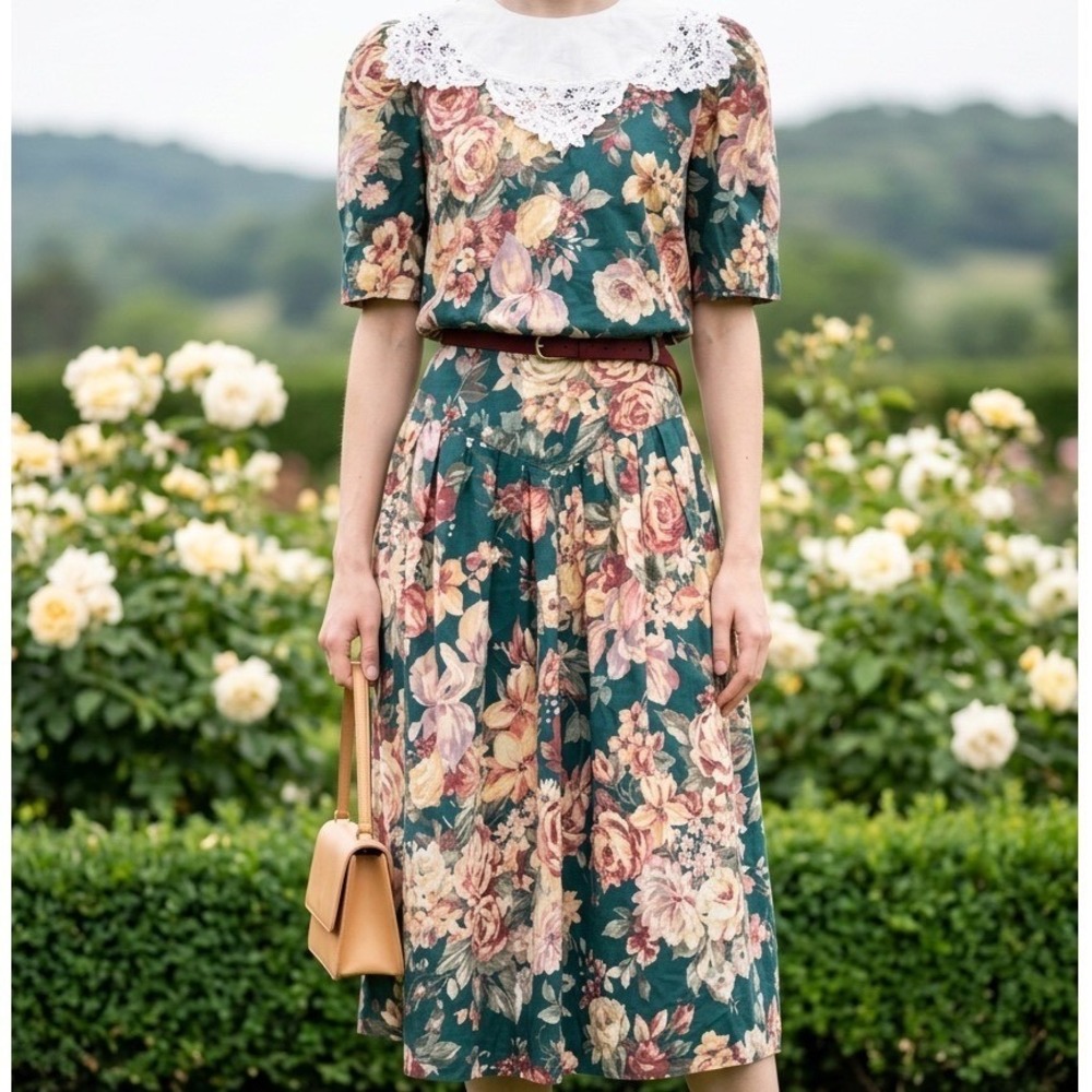 Vtg 1980s Cottagecore Victorian Prairie Midi Dress Garden Floral Lace Bib USA‎